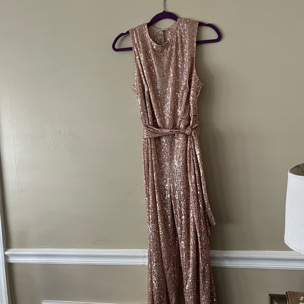Ladies lined Jumpsuit Bronze color flare legs w/ tie sash - Picture 5 of 15